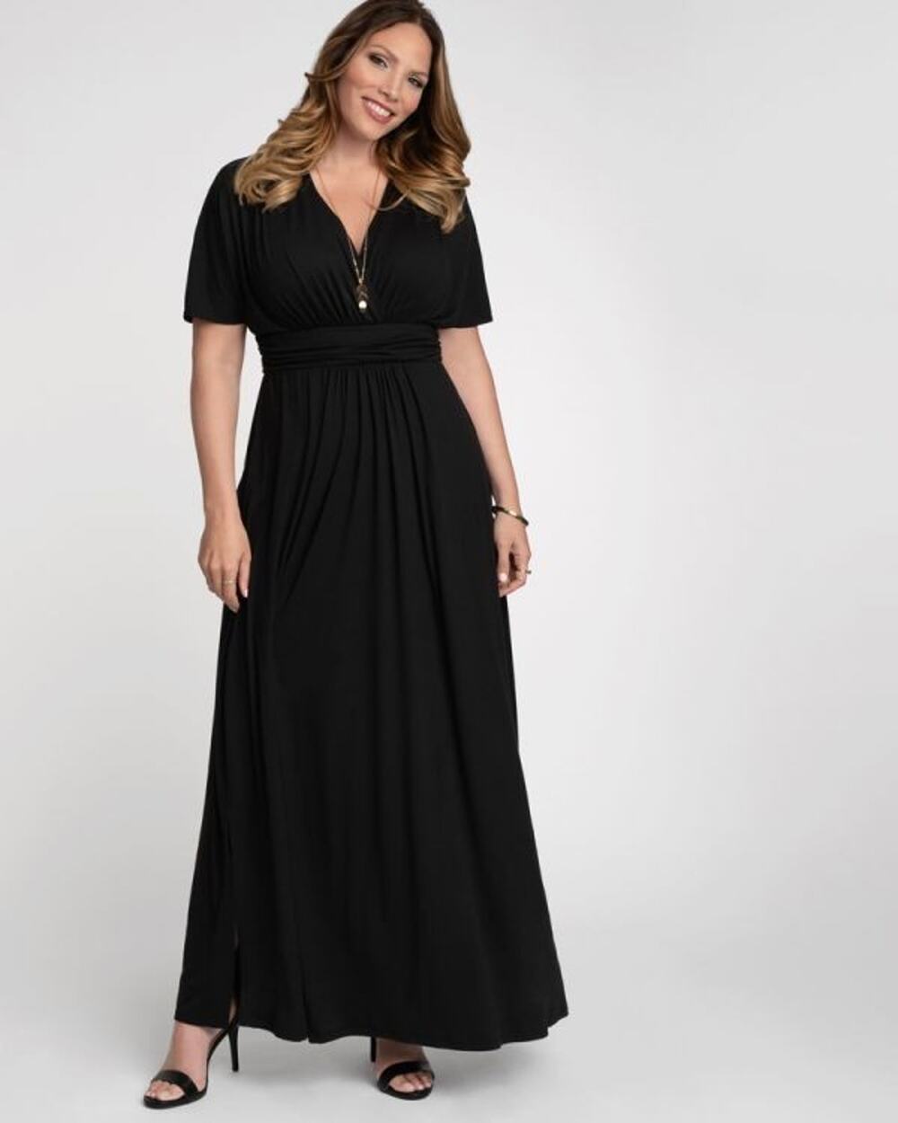 Kiyonna Vienna Dress 2X Black Maxi Romantic Feminine Slimming Side Slits Party